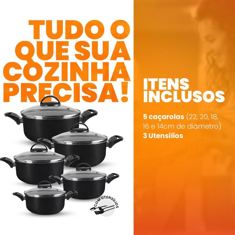 Jogo de Caçarolas Antiaderente Tampa de Vidro 05 Peças Panelas + Utensílios Cozinha Completa - Cores — imagem 2 de 2