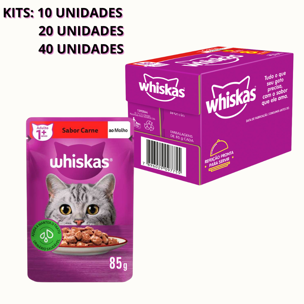 Sache Whiskas PROMOÇÃO Sabor CARNE 85gr  KIT 10, KIT 20, KIT 40 UND