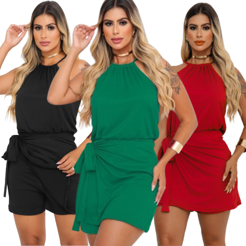 macaquinho feminino frente unica short saia malha canelada premium - M  SAMANTHA