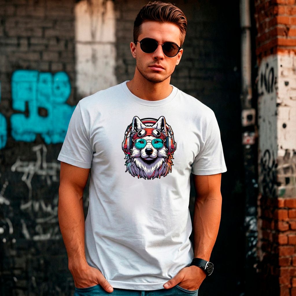 Camiseta Masculina 100% Algodão Básica Branca Manga Curta Gola Redonda Versátil Conforto Macia Estampa Cachorro Headphon