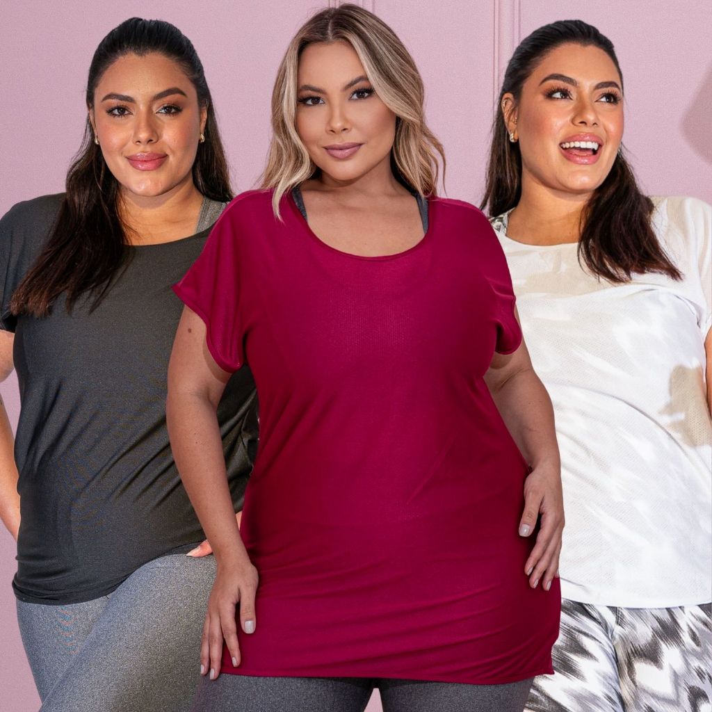Kit 3 Blusas T-Shirt Femininas Plus Size Academia Básica Seca Rápido Dry Fit Leve Casual Manga Curta