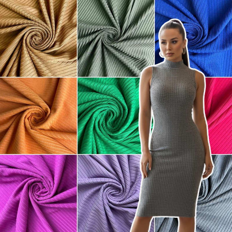 Tecido Malha Canelada com Elastano 1,60m Largura Poliester Leve Confortavel Moda Feminina
