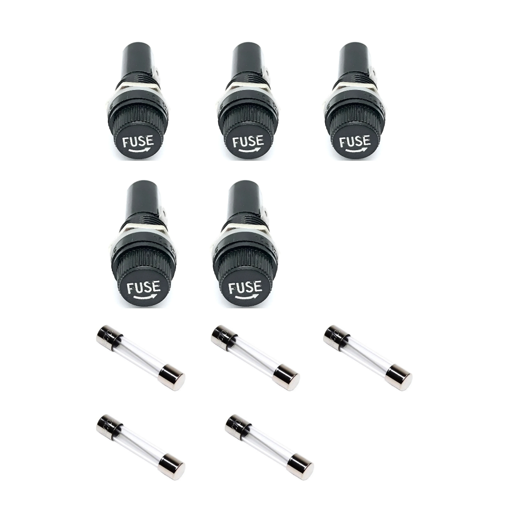 Kit 5 Fusivel De Vidro 10a 6x30 250v Grande + 5 Porta Fusivel De Rosca 6x30 Preto