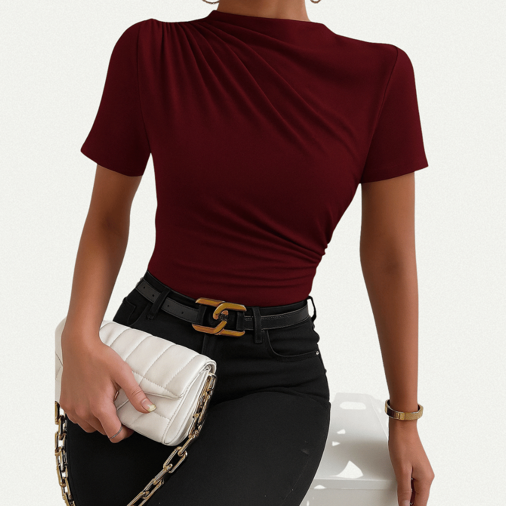 Blusa Feminina Estilosa Gola Alta Plissado Tshirt Baby Tee Manga Curta Elegante