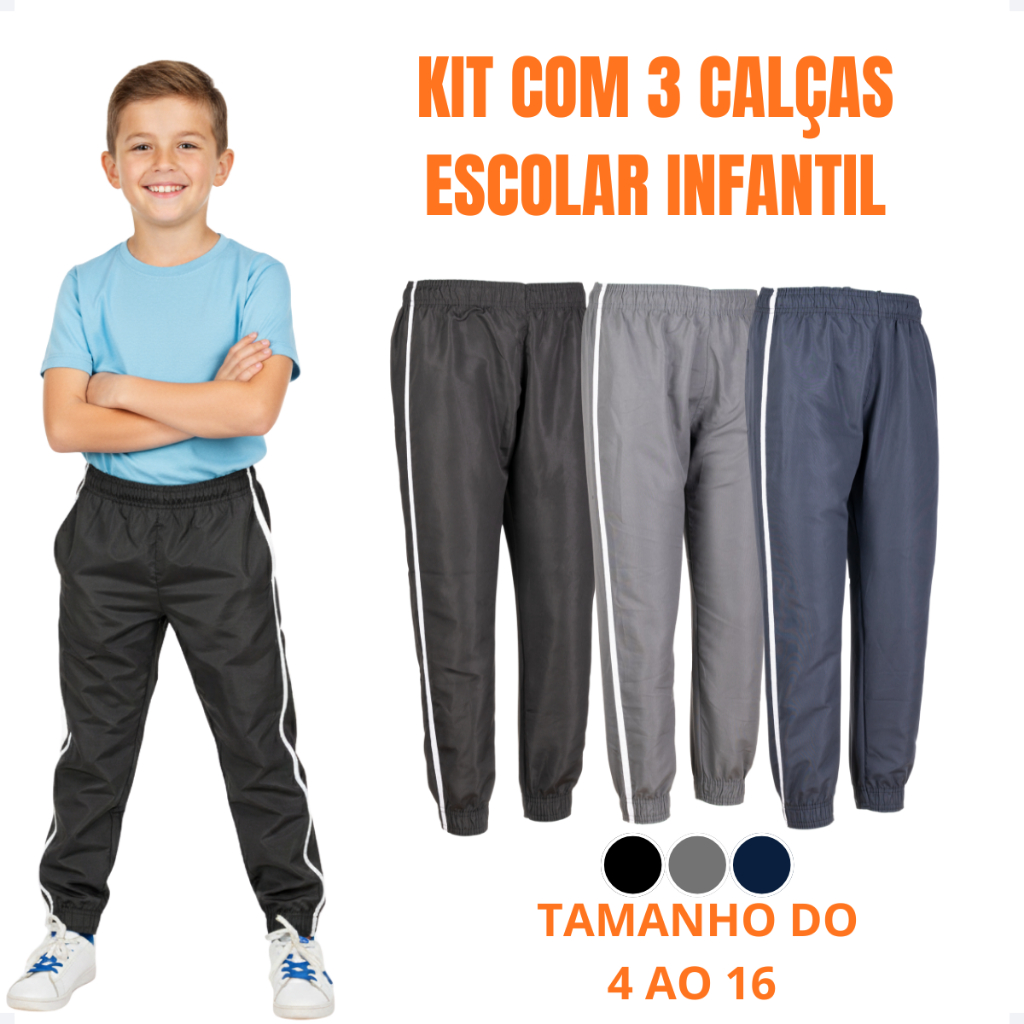 Kit 3 Calças Jogger Masculina  Infantil Faixa Lateral Elastico e Bolso Tactel Uniforme Escolar 418 em Oferta na Shopee