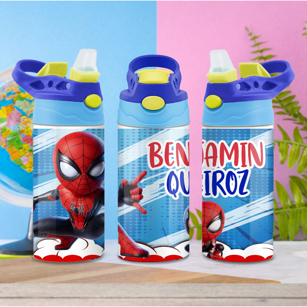 Garrafa VOLTA AS AULAS  Com Nome  Bico retrátil Infantil homem aranha heróis