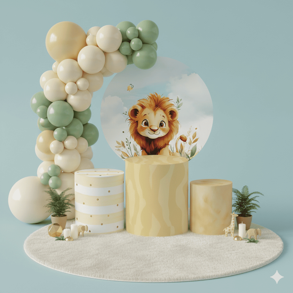 Kit Decoração Festa Infantil Leãozinho Safari Baby com Capa Painel Redondo e Capas Cilindros Oferta Promoção