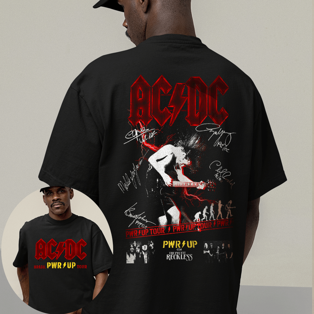 Camiseta Oversized ou Básica ACDC POWER UP Show Tour Brasil 2026 Banda de Rock N Roll Heavy Metal