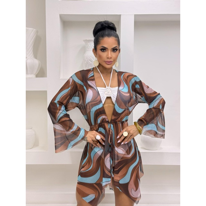 Saída de praia feminina no tule estampado moda praia/ verão 2026 tamanho único em Oferta na Shopee