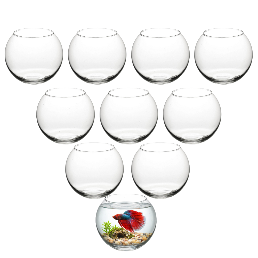 Kit 10 Mini Vaso Vasinho Aquário Castiçal Redondo De Vidro 400ml Centro de Mesa Peixe Beta Lembrança