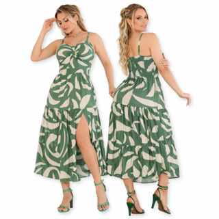 Vestido Midi Estampado Geométrico Elegante Moderno Alças Finas Estilo Verão em Oferta na Shopee