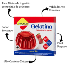 Kit 8 Unidades de Gelatina Lowçucar Zero Açúcar Sabor Morango Doce Diet Baixo teor de sódio Anad 10g