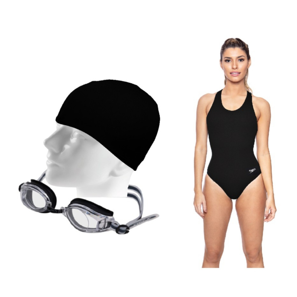 Kit Natação Speedo Maiô Cross Costas Cruzadas + Óculos Izy AD + Touca Tecido