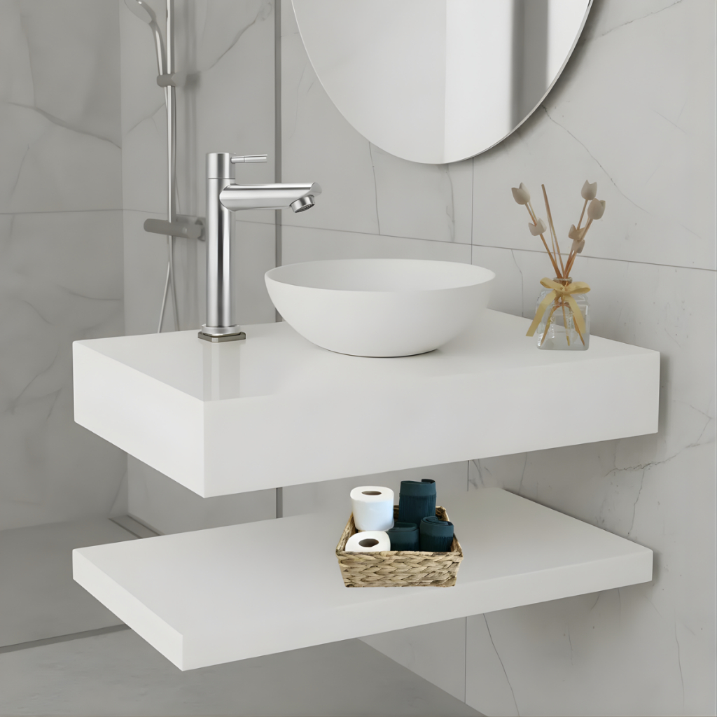 Pia Bancada Em Porcelanato branco 60X40cm Para Cuba De Sobrepor Com Prateleira