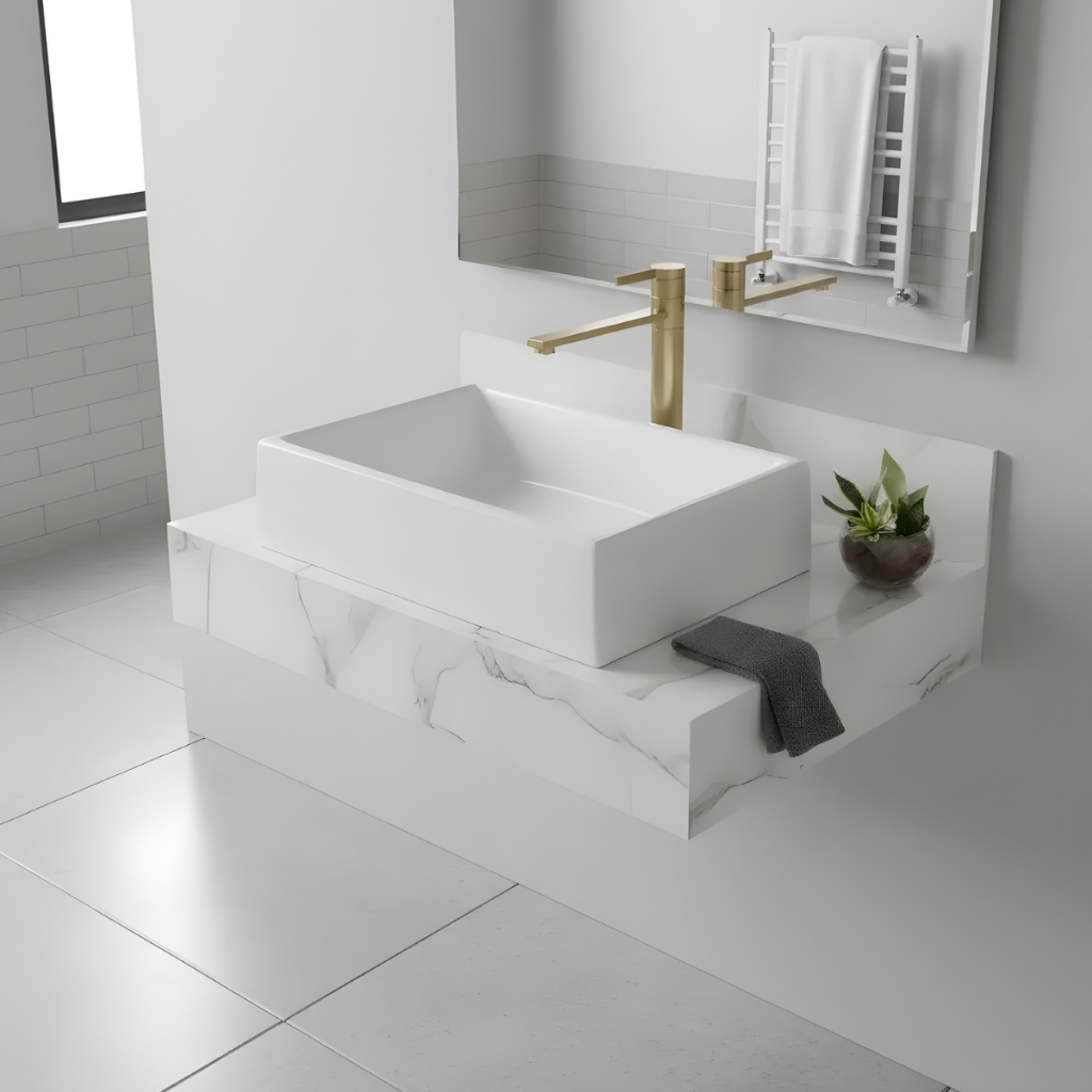 Bancada 60x40 de porcelanato polido Branco Com Rajas Cinza Para Cuba De Sobrepor Pia banheiro Design Sofisticado
