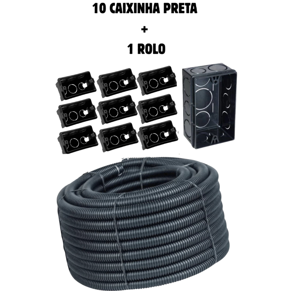 Kit conduite corrugado, eletroduto 25M reforçado + 10 caixinhas preta 4X2