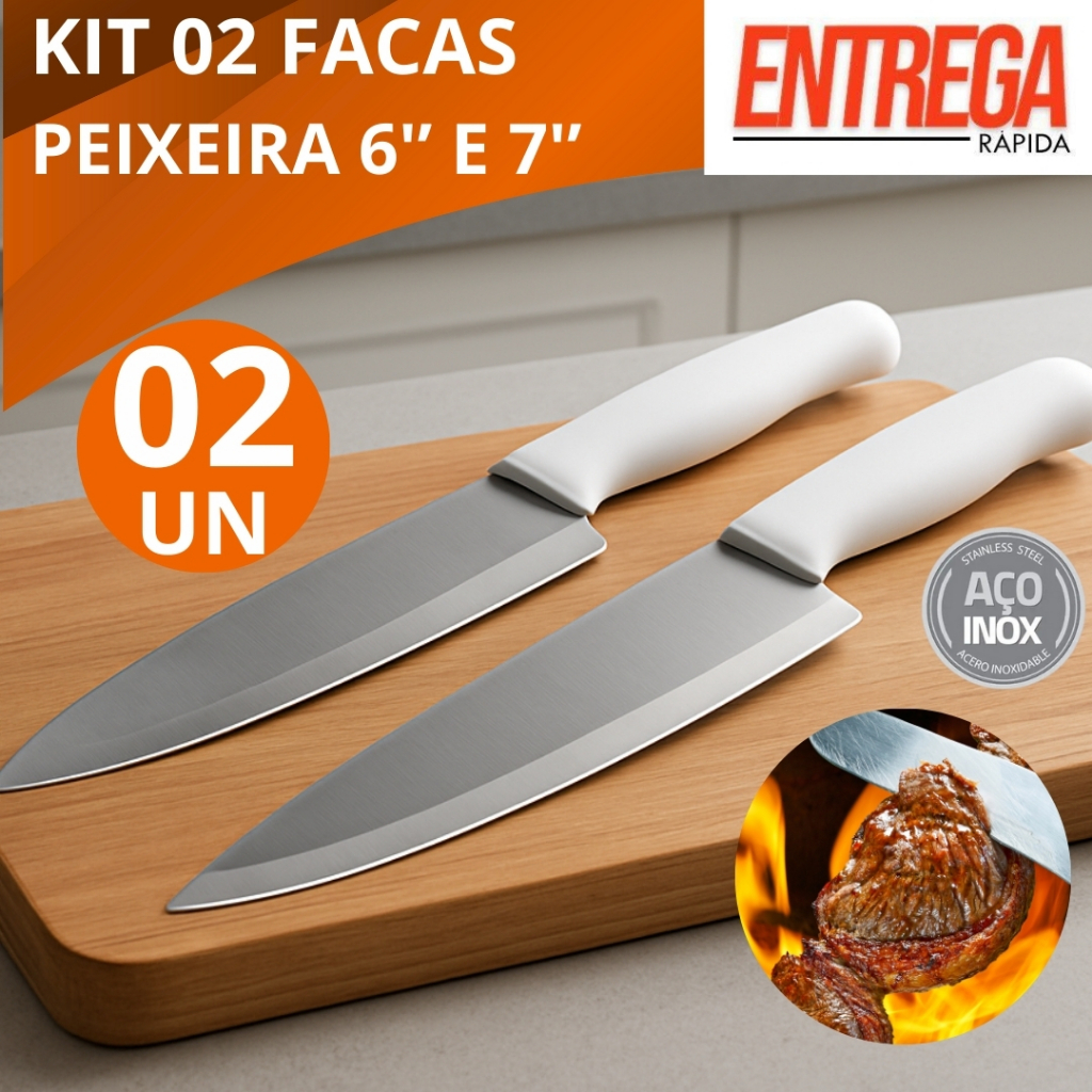 Imagem Kit Duas Facas Peixeira Aço Inox Profissional de 6''e 7''Carnes, Churrasco, Legumes, Peixes Restaurantes Cozinha