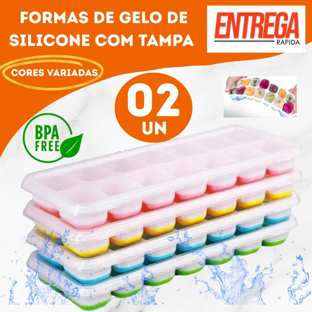 Formas de Gelo Silicone com Tampa Rígida Flexível Fundo 14 Cubos Retangular Multiuso Lavável