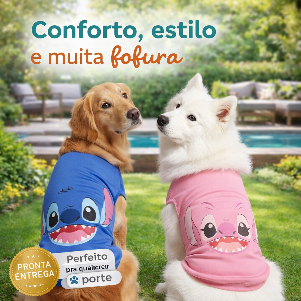 Roupa Pet Cães Porte Pequeno e Grande Tematico Stitch Golden, Pitbull, Labrador, Dobermann, Rottweiler, Pastor