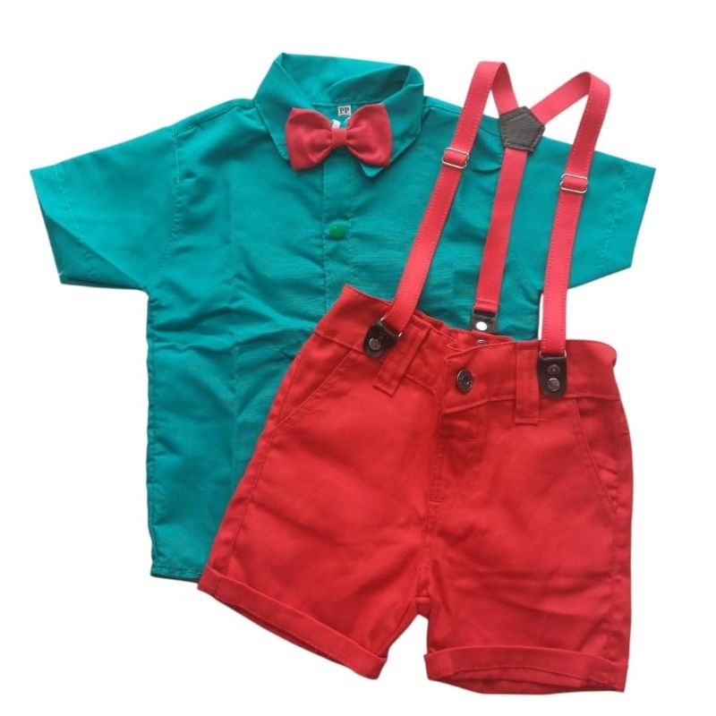 Conjunto infantil Social Menino Casamento Formatura Batizado Camisa Suspensório Gravata Bermuda