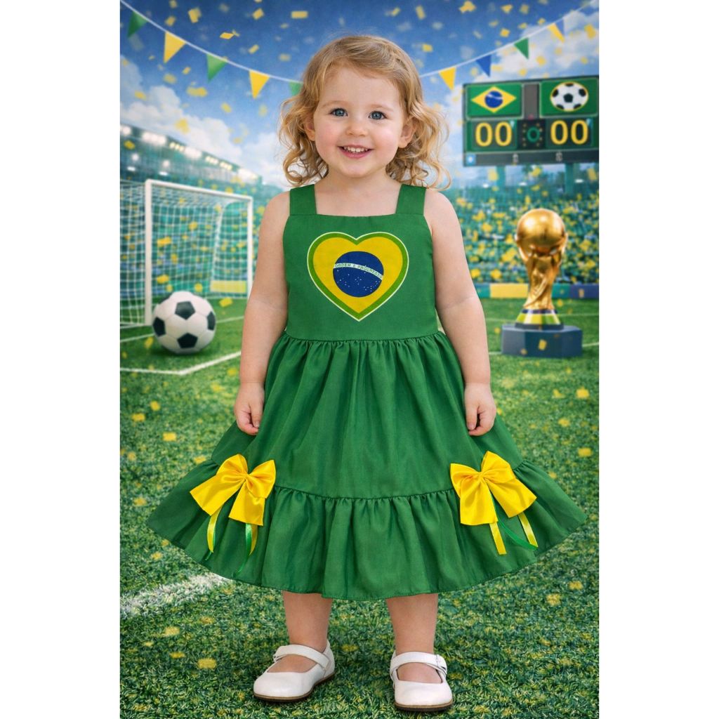 VESTIDO COPA BRASIL INFANTIL BANDEIRA  REGATA  VERDE AMARELO em Oferta na Shopee