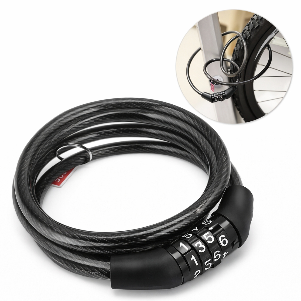 Cadeado de Combinação com Cabo de Aço – Antifurto com Senha de 4 Dígitos para Bicicleta, Bicicleta Elétrica, Patinete, P