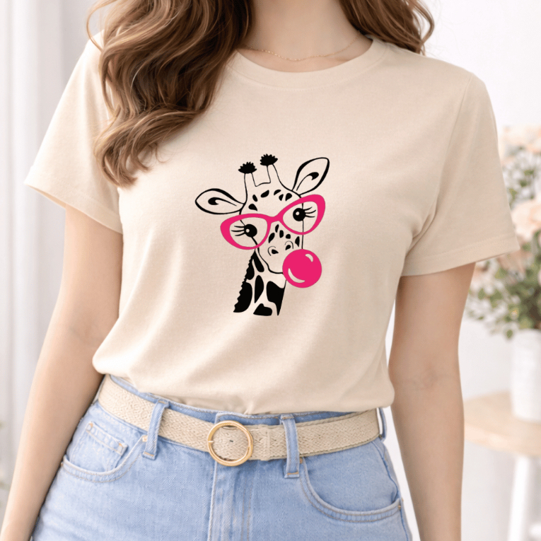 Camiseta Feminina Juvenil/Infantil/Adulto Estampada Girafa Estilosa e fofa em DTF Blusa 100% Algodão Confortável e Macio