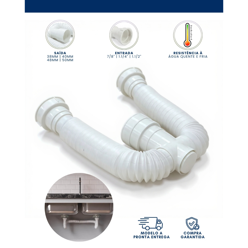 Sifão Sanfonado Universal Branco Duplo 70cm Ajustável Para Lavatório / Pia / Tanque - Plastuning