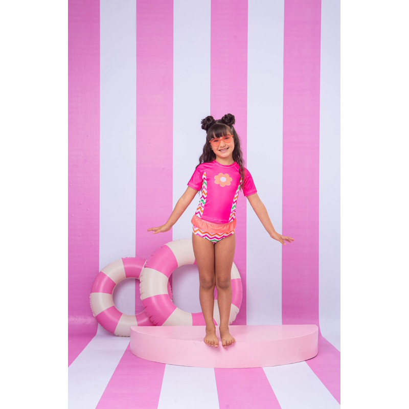 Conjunto infantil de biquíni camiseta uv forrado juvenil verão