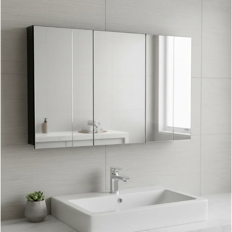 Armário 90cm Aéreo Banheiro Com 3 Portas De Espelho Preto - 100% MDF - MONTADO