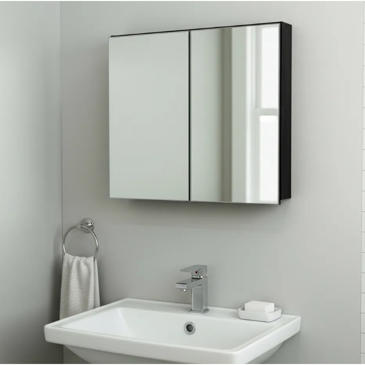Armário 70cm Aéreo Banheiro Com Espelho Preto - Com Fundo - 100% MDF - MONTADO
