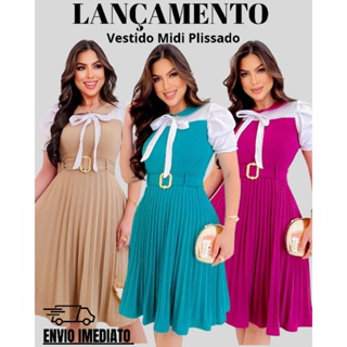 Vestido Midi Feminino Manga Bufante Bicolor Plissado com Cinto Elegante em Oferta na Shopee