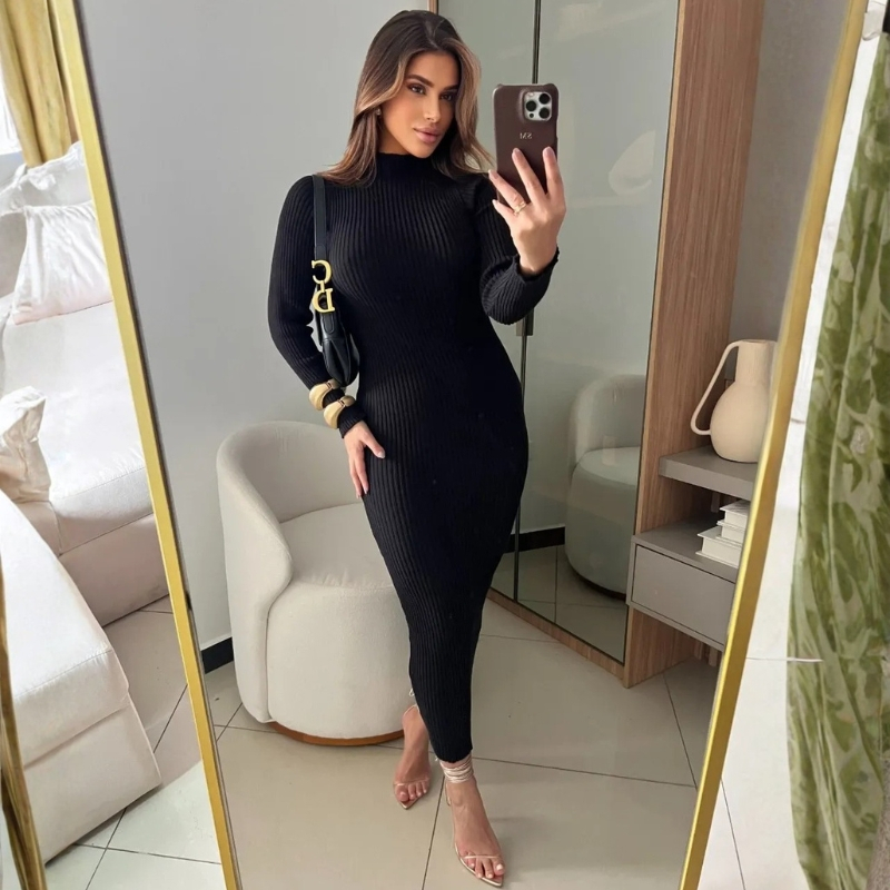 Vestido com manga anastacia canelado fio modal premium outono e inverno