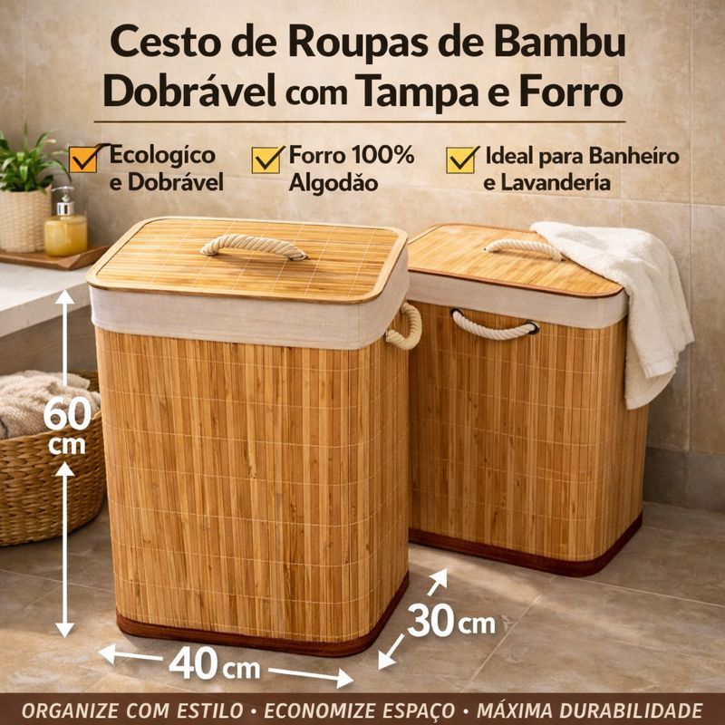 Cesto de Roupas Bambu Dobrável com Tampa e Forro – Organizador para Banheiro e Lavanderia