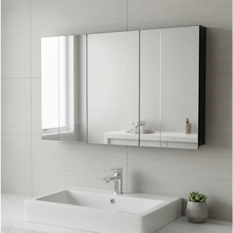 Armário 80cm Aéreo Banheiro Com 3 Portas De Espelho Preto - 100% MDF - MONTADO
