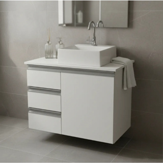 Gabinete 70cm Armário Banheiro Parma Com Tampo E Cuba - Gavetas Na Esquerda - 100% MDF - MONTADO em Oferta na Shopee