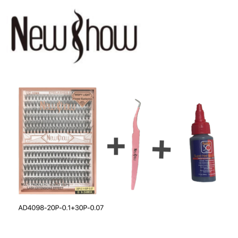 New Show 1 Cartela De AD4098-20P-0.1+30P-0.07 D 9-14MIX Cilios Tufos+1 Pinça+1 Super Cola 30ml Salon Pro