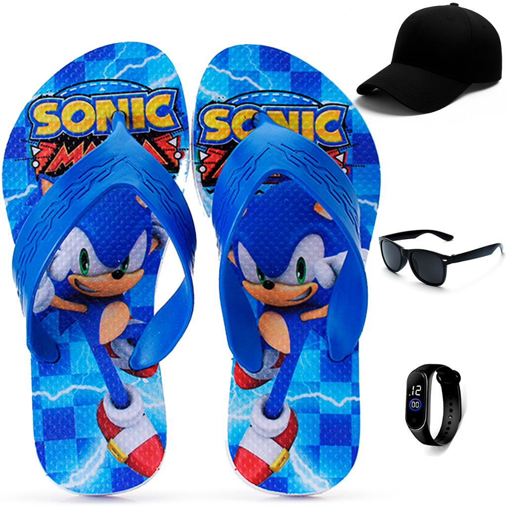 Kit Chinelo Infantil Menino Sonic + Boné + Relógio Digital + Óculos