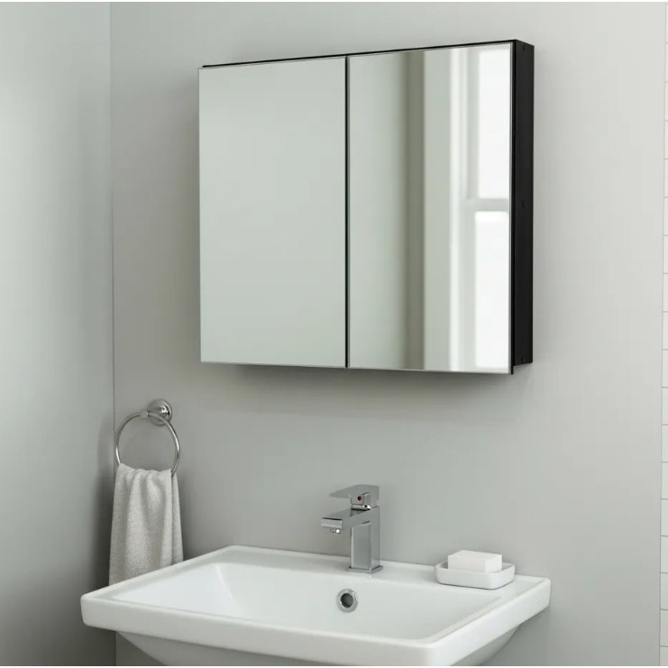 Armário 60cm Aéreo Preto Banheiro Com Espelho - Fundo Eucatex - 100% MDF - MONTADO