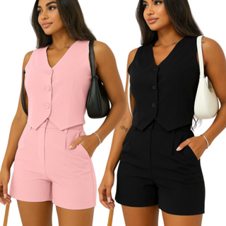 Conjunto Feminino alfaiataria Social - Short e Colete Luxo Moda Verão Elegante em Oferta na Shopee