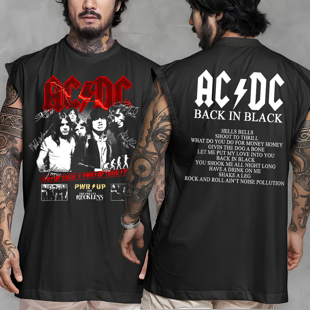 Camisa Regata Oversized Machão ACDC Frente e Costa Back In Black Power UP Tour Show Brasil 2026 Banda de Rock N Roll
