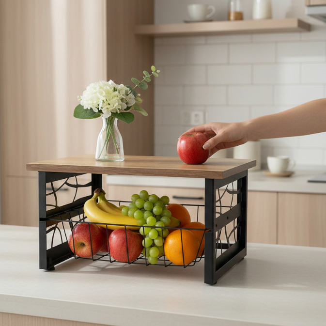 Fruteira Em Aço 1 Cesto Multiuso De Bancada Para Mesa Preto MDF em Oferta na Shopee