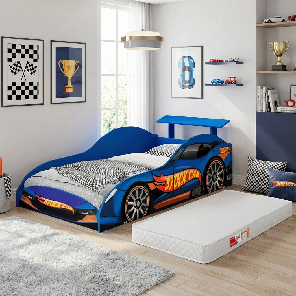 Cama Infantil Carro Stock Car Azul MDF com Aerofólio Juvenil Masculina para Quarto de Menino com colchão em Oferta na Shopee