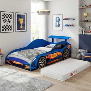 Cama Infantil Carro Stock Car Azul MDF com Aerofólio Juvenil Masculina para Quarto de Menino com colchão em Oferta na Shopee