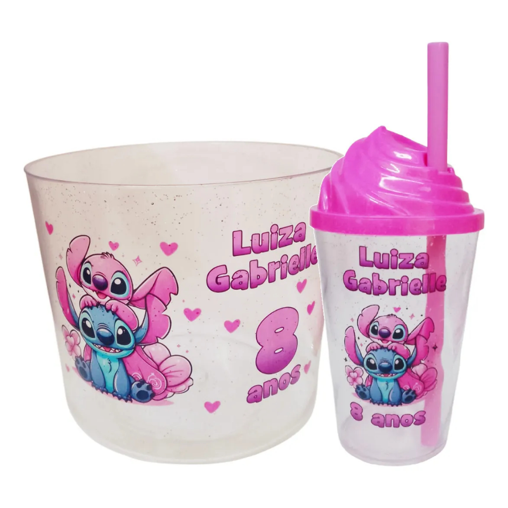 KIT Copos Twister 300ml Tampas Chantilly e Baldes Pipoca 1,5l Personalizados Stitch em Oferta na Shopee