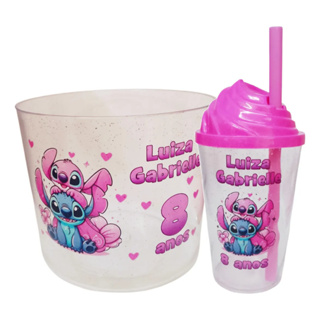 KIT Copos Twister 300ml Tampas Chantilly e Baldes Pipoca 1,5l Personalizados Stitch em Oferta na Shopee