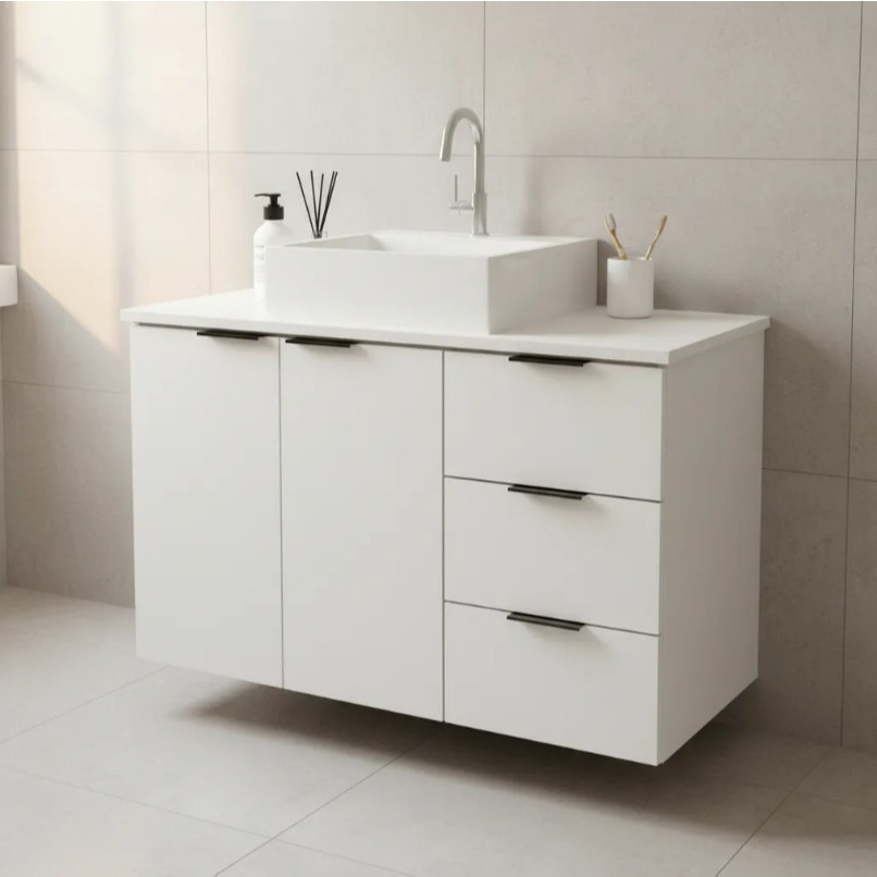 Balcão Gabinete 80cm Banheiro Com Cuba 100% MDF - 3 Gavetas DIREITA - MONTADO em Oferta na Shopee