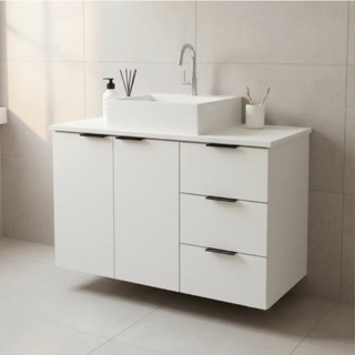 Balcão Gabinete 80cm Banheiro Com Cuba 100% MDF - 3 Gavetas DIREITA - MONTADO em Oferta na Shopee