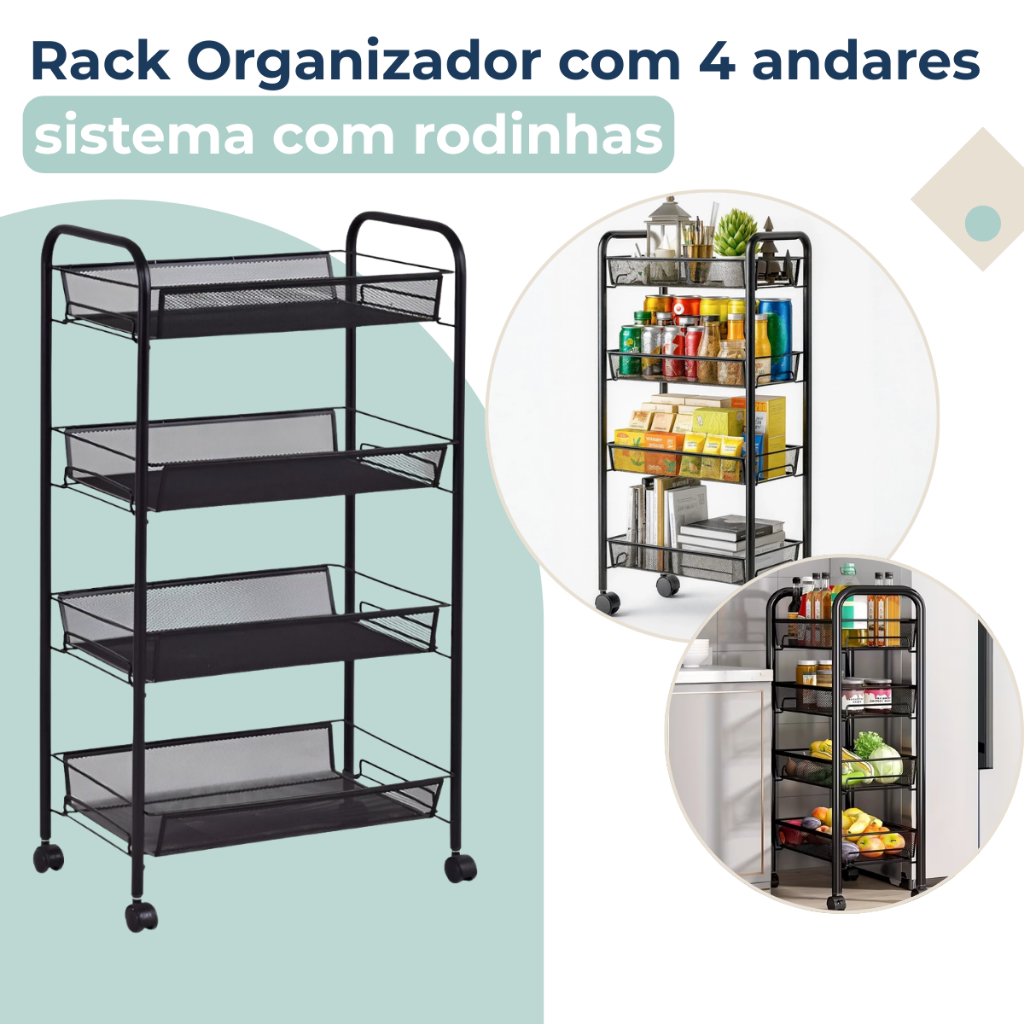 Carrinho Organizador Fruteira Retangular 4 Andares Com Rodinhas Casa Cozinha em Oferta na Shopee