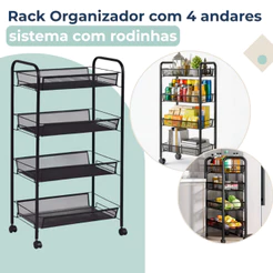 Carrinho Organizador Fruteira Retangular 4 Andares Com Rodinhas Casa Cozinha